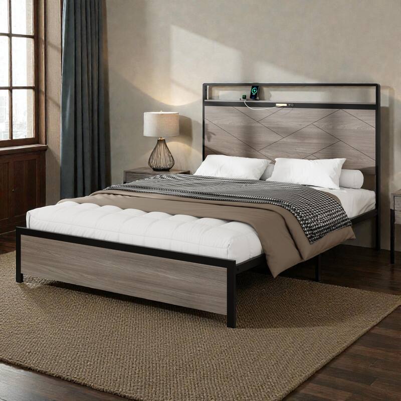 Modern Metal Platform Bed Frame with Wood Headboard LED Lights, USB & Type-C Charging Station, Large Underbed Storage