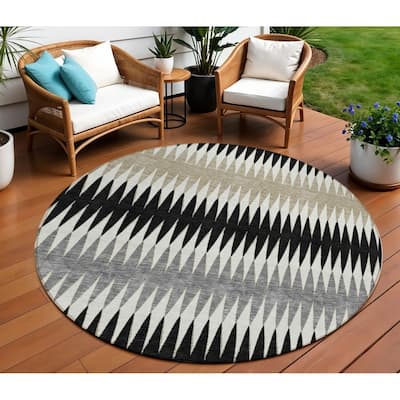 Gray And Beige Round Striped Washable Indoor Outdoor Area Rug - 8' Round