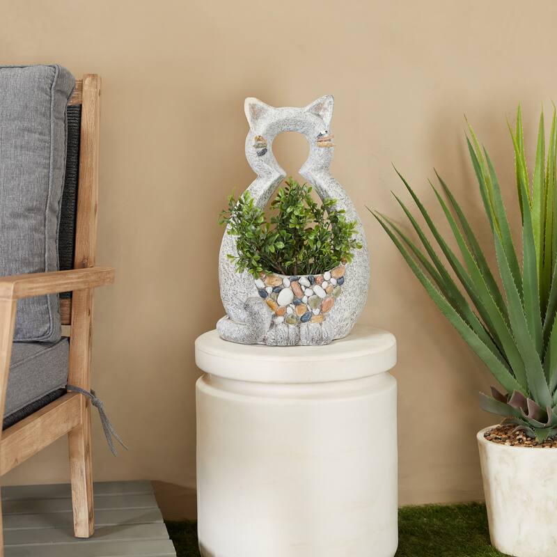 Gray Fiberglass Indoor Outdoor Planter with Stone Mosaic Design