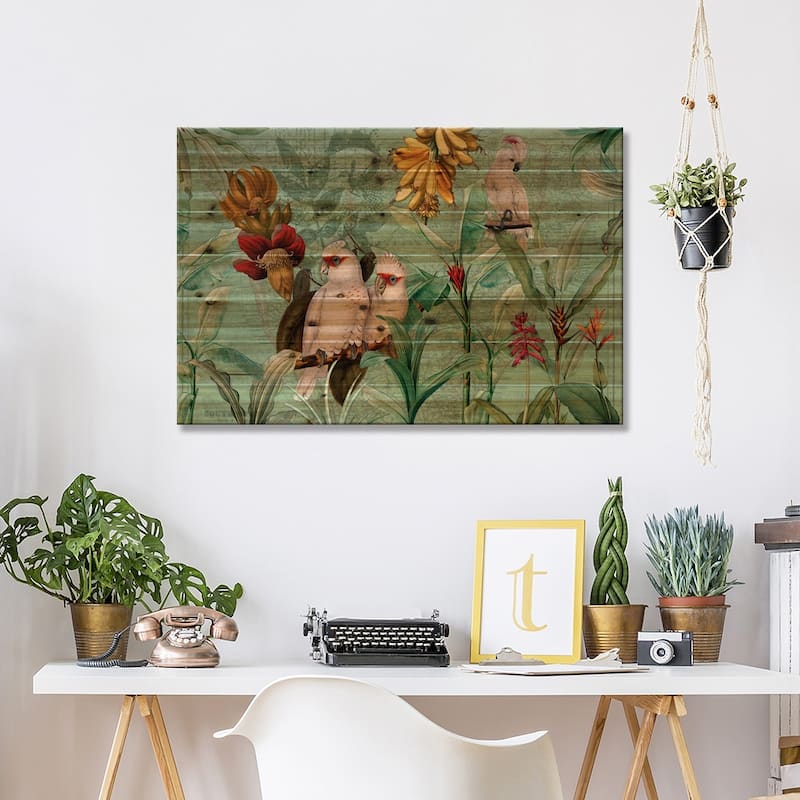 Parrots And Bananas Print On Wood by UtArt - Multi-Color