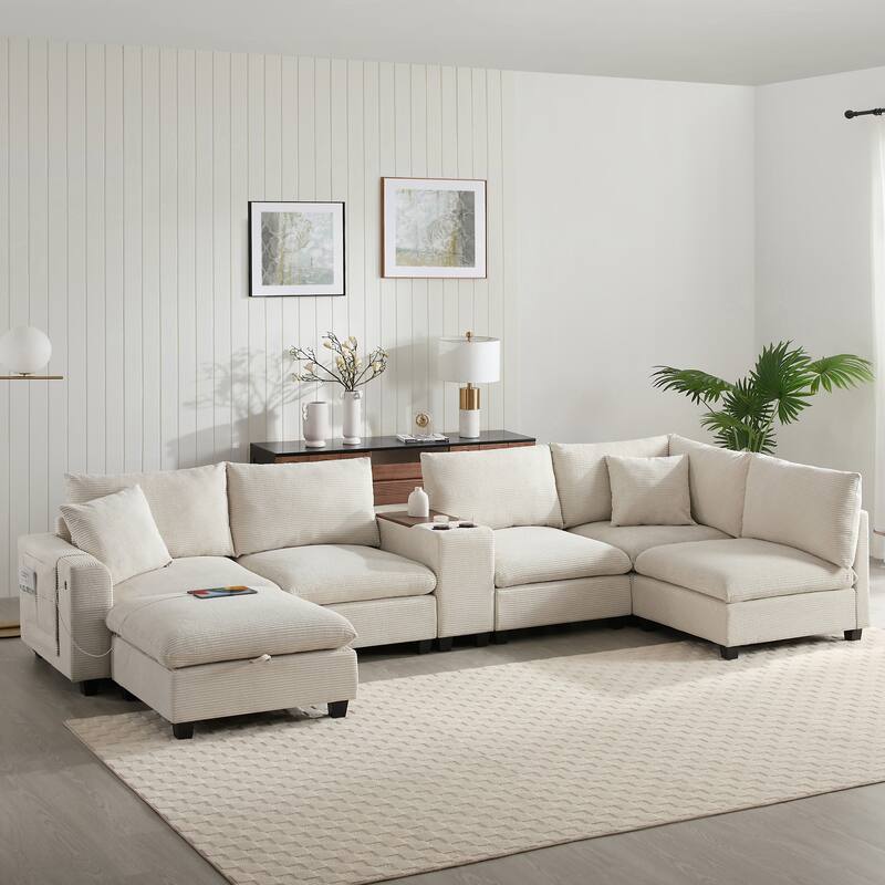 140" Corduroy U-Shaped Modular Sectional Sofa with Storage & USB - Beige