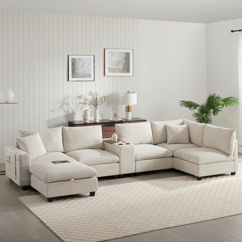 U-Shaped Chenille Upholstered Storage Sofa w/ Ottoman, Cup Holder, USB - Beige