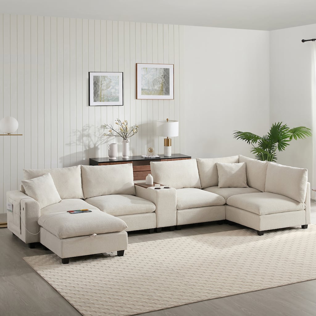 U-Shaped Chenille Upholstered Storage Sofa w/ Ottoman, Cup Holder, USB