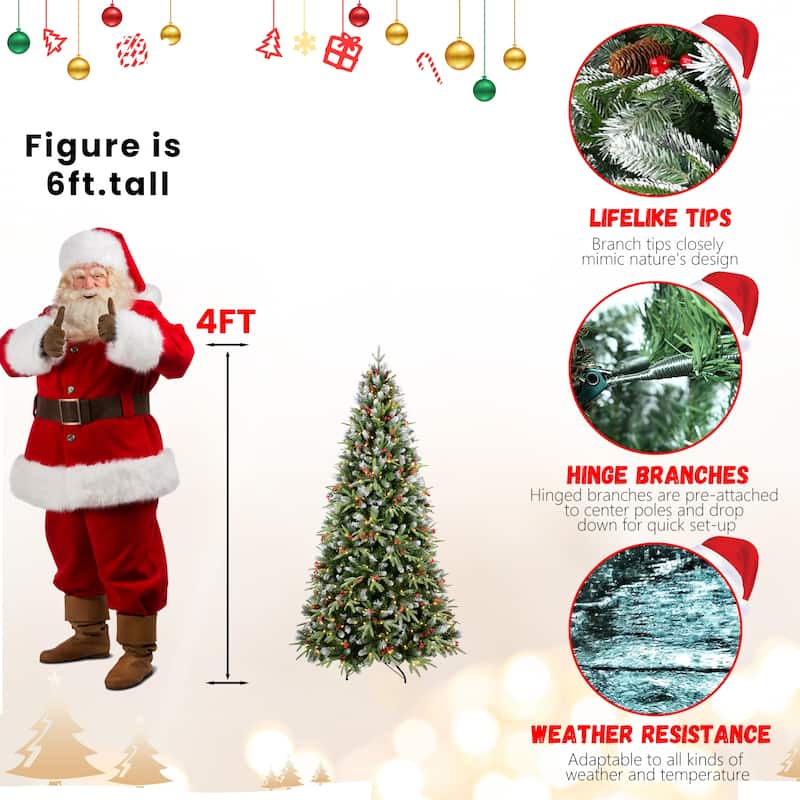 5FT Christmas Tree with 250 Warm White LED Lights-1131 Snow-Tipped PE+PVC Branches, Red Berries&Pine Cones,Hinged Design