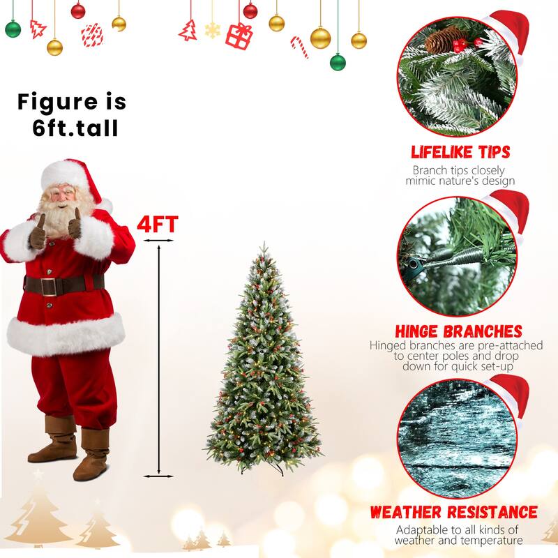 6FT Christmas Tree with 350 Warm White LED Lights-1593 Snow-Tipped PE+PVC Branches, Red Berries&Pine Cones, Hinged Design