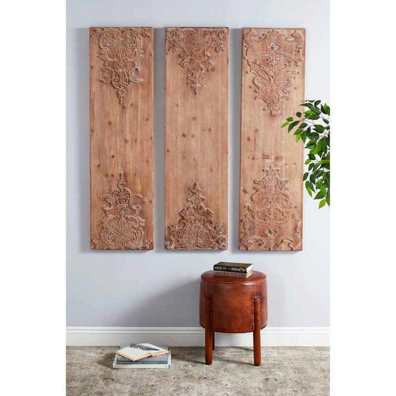 Brown Wood Carved Antefix Floral Home Wall Decor (Set of 3)