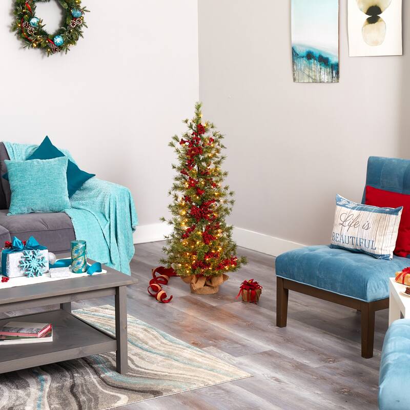 4Ft Artificial Christmas Tree with Lights - Berry & Pine Holiday Decor, Warm White LED, Burlap Base - Green - 48