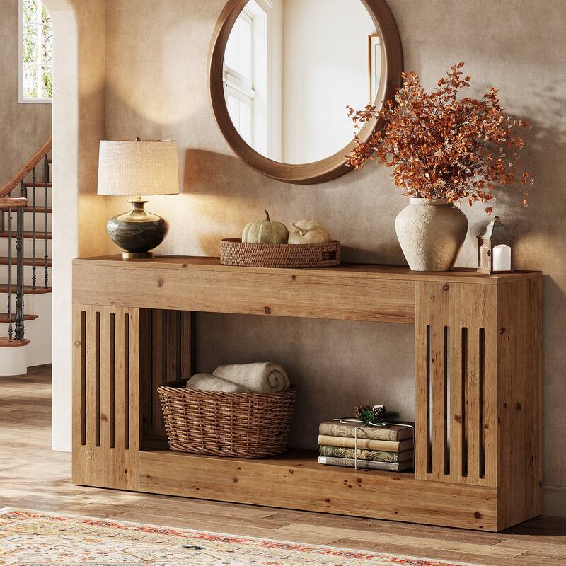63-Inch Farmhouse Sofa Table, Solid Wood Sofa Console Behind Couch