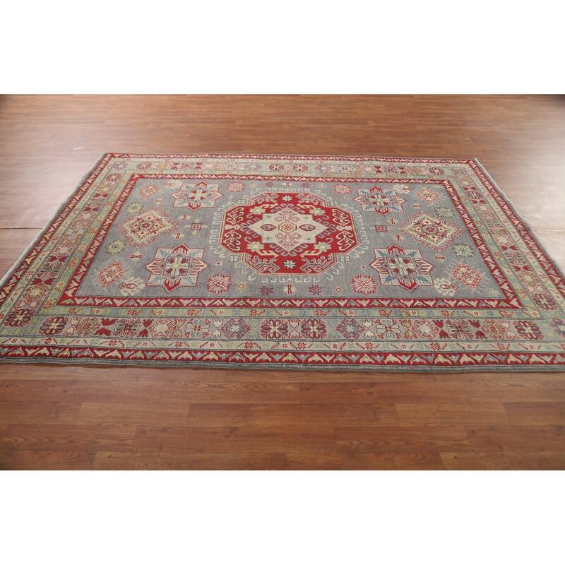 Gray Geometric Kazak Oriental Area Rug Handmade Wool Carpet - 5'7" x 7'11"