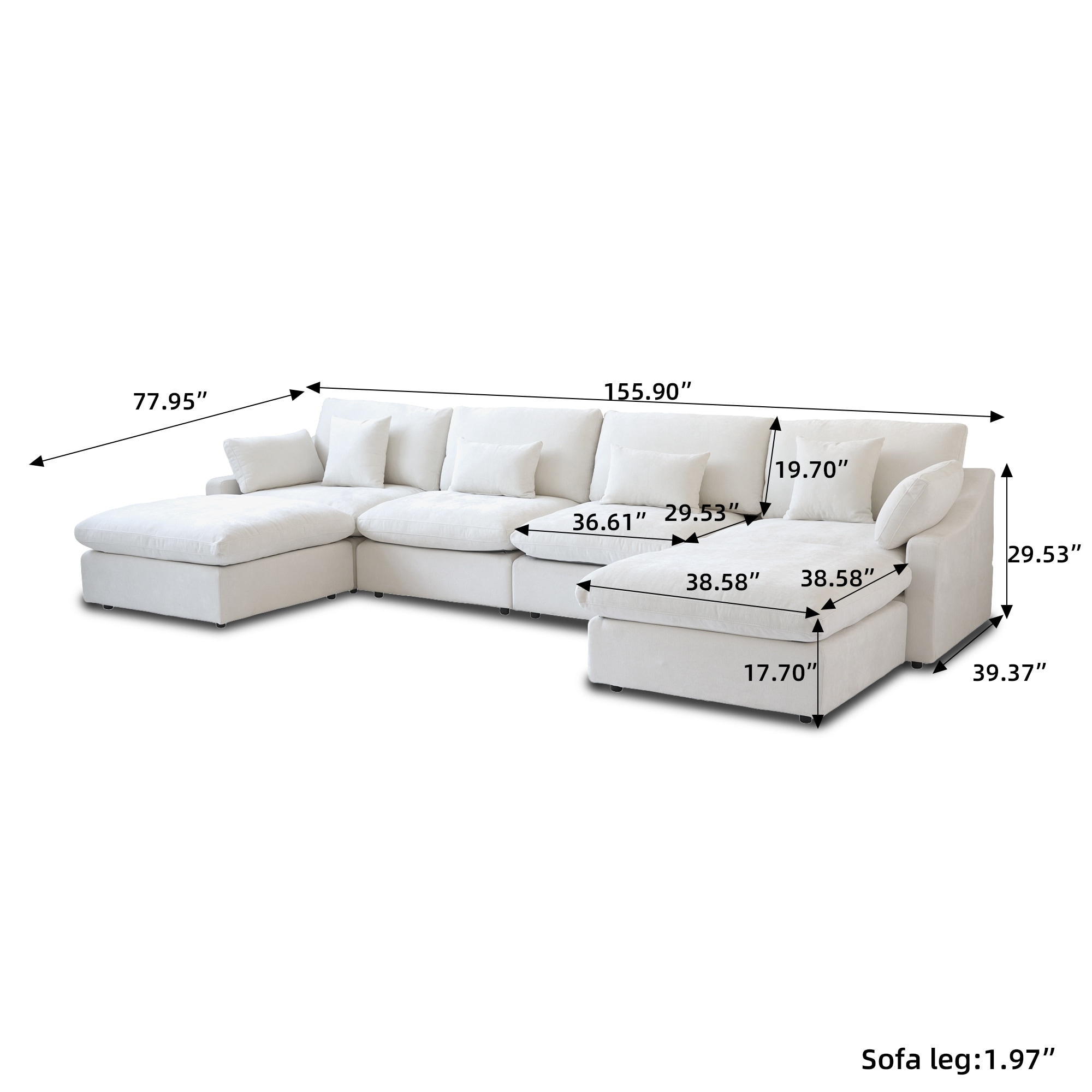 Minimalist Linen Sectional Sofa Down Filled Cloud Couch, U-Shape Deep Seat Couch with Cushions