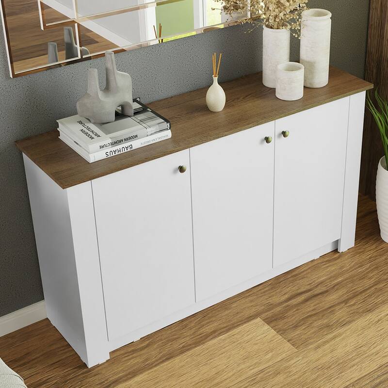 Madesa Modern Sideboard Buffet Storage Cabinet with 3 Doors 53 Inch Wooden Organization Entryway - White/Brown