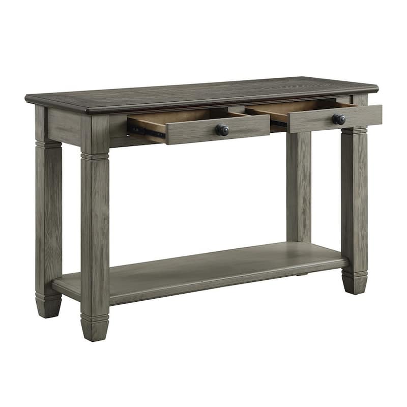 Rome 48 Inch Sofa Table, Rectangular, 2 Drawers, Brown, Gray, Solid Wood