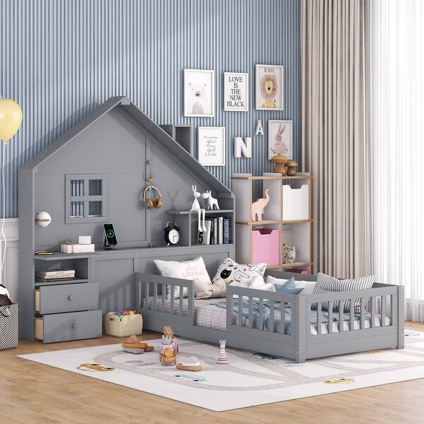 slide 2 of 11, Twin Size House Bed with Window and Bedside Drawers, Platform Bed with Shelves and a set of Sockets and USB Port, Grey Grey