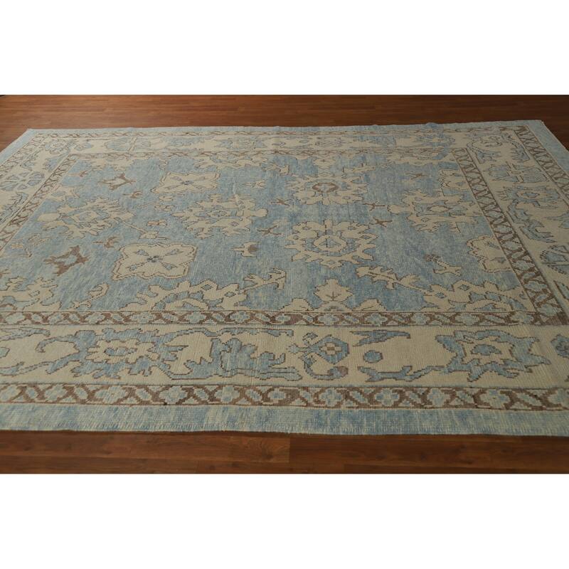 Hand Knotted Oriental 100% Wool Carpet Transitional All-Over Navy Blue & Blues Oushak Area Rug - 11' 2'' X 8' 2''