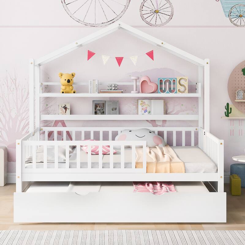 Pine House Bed with Trundle, Shelf & Guardrail