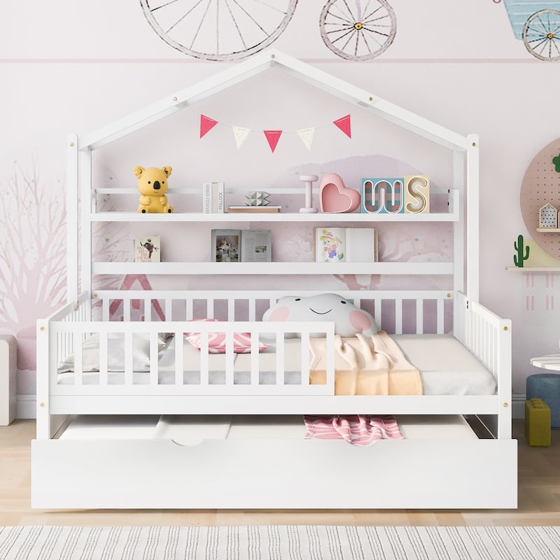 Wood Slat Support Roof House Bed Frame with Pull-out Trundle Bed, Side 2 Shelves Storage Platform Bed, Kids Panel Bed