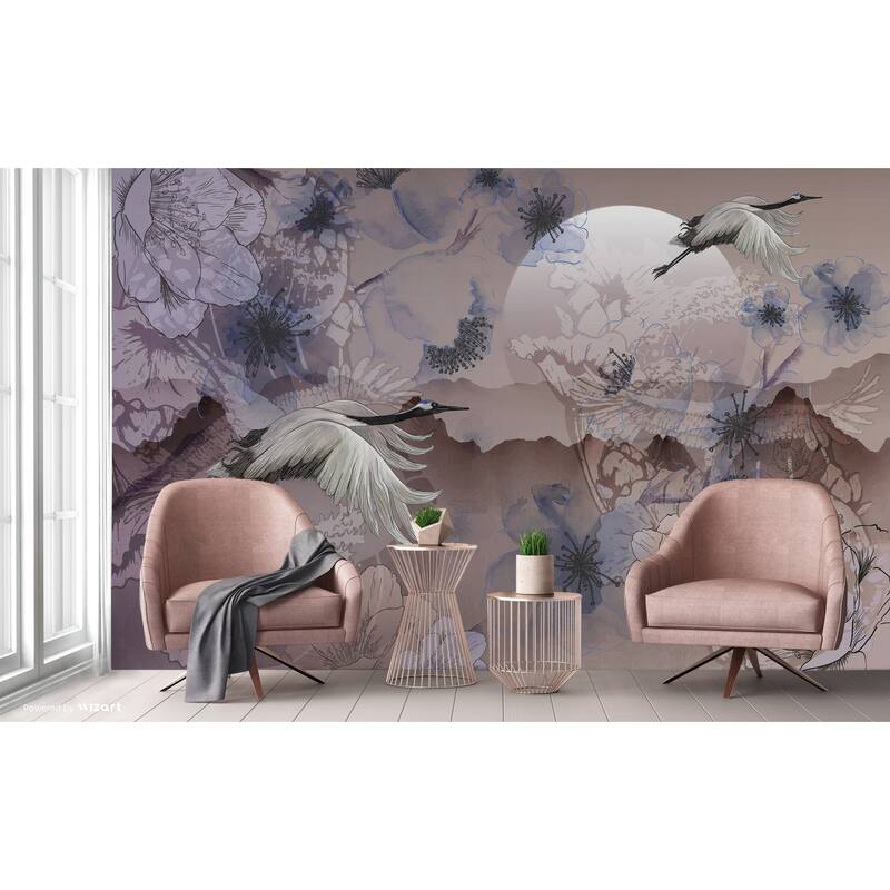 Serene Cranes and Blossoms Wallpaper Mural - Brown - W:163" x H:110"