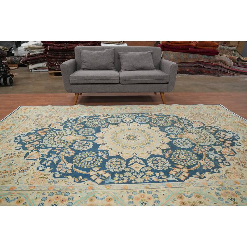 Hand Knotted Oriental 100% Wool Carpet Traditional Floral Navy Blue & Blues Kerman Area Rug - 10' 0'' X 6' 9''