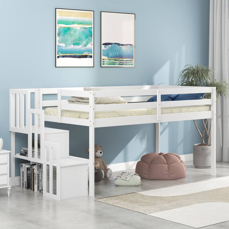 Twin Size Loft Bed, Staircase with Storage, Full-length Safety Guardrails, White - White