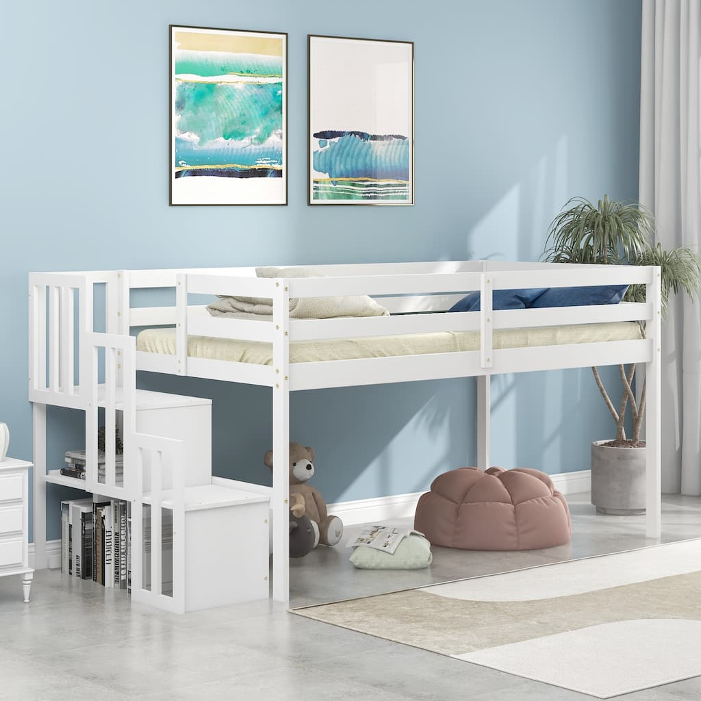 White Loft Bed with Staircase and Storage, Twin Size