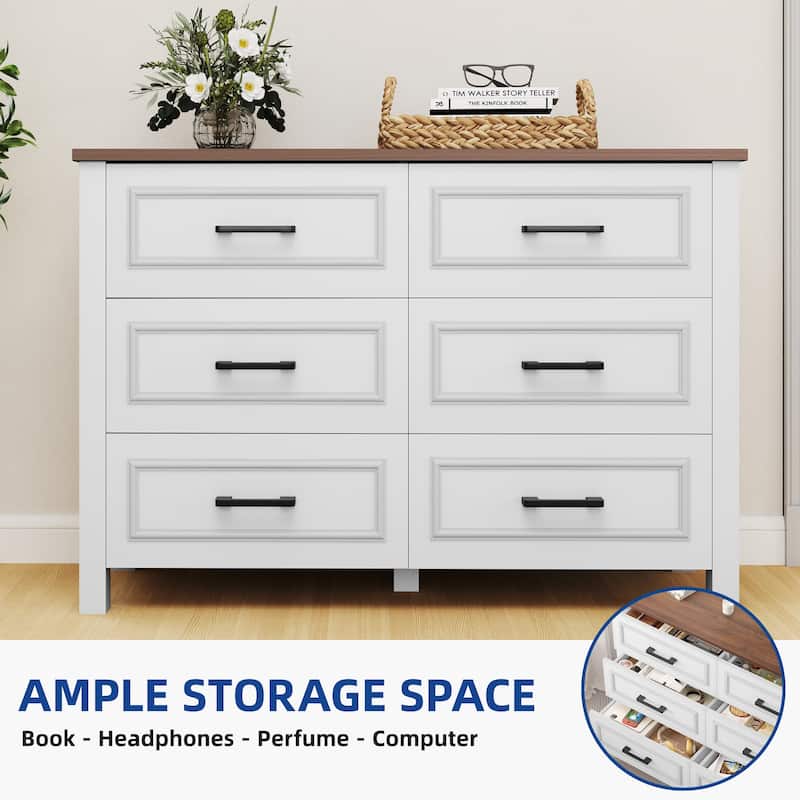 6-drawer Wood White Dresser with Built-in Power Outlet