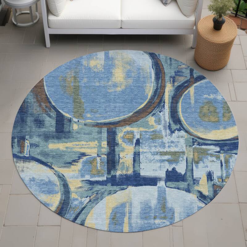 Machine Washable Indoor/ Outdoor Modern Erie Chantille Rug - Teal - 8' x 8'
