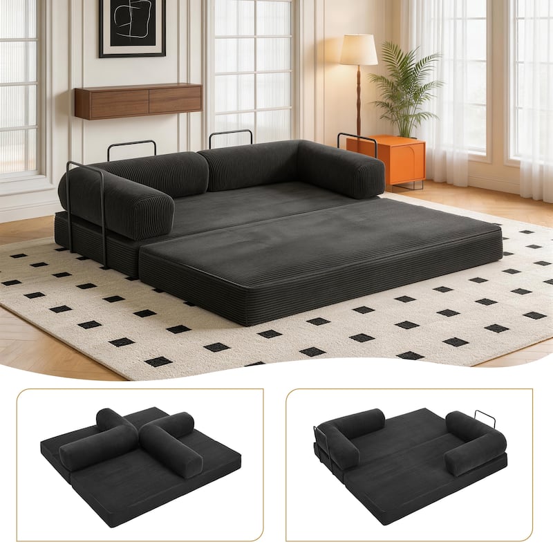 Set of 2 Corduroy Fully Compressed Convertible Sleeper Sofa with Metal Frame