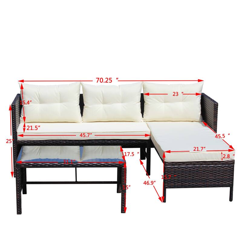 Wicker Rattan Sectional Sofa Set (3 Pieces)