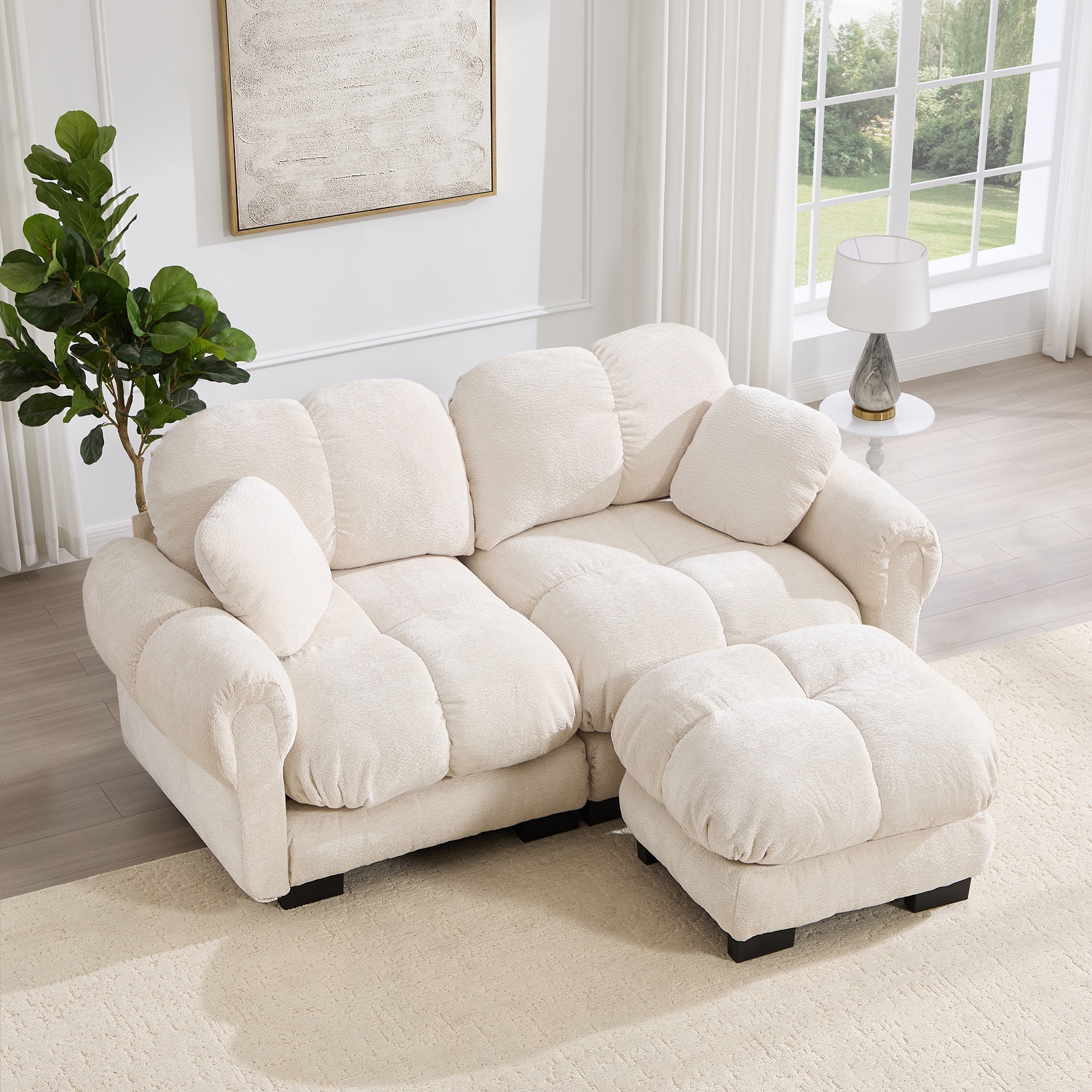 GDFStudio - Chenille Cloud 2-Seater 76.3" L-Shaped Loveseat with Petal Design, Quilted Cushions and Movable Ottoman