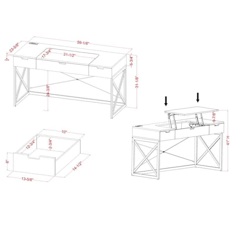 Bradford Farmhouse 59-inch Steel Lift Top Desk with USBs by Furniture of America