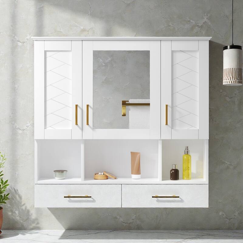 35 Inch Wall Mounted Bathroom Medicine Cabinet with Mirror, Adjustable Shelves, Soft Close Doors - White