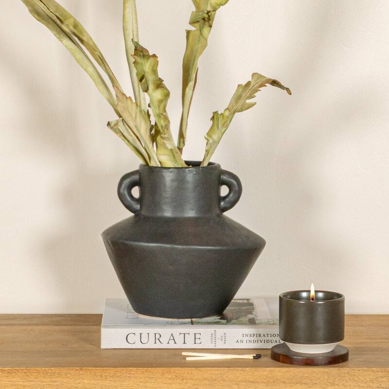 Stoneware Vase with Reactive Glaze Finish and Vertical Handles