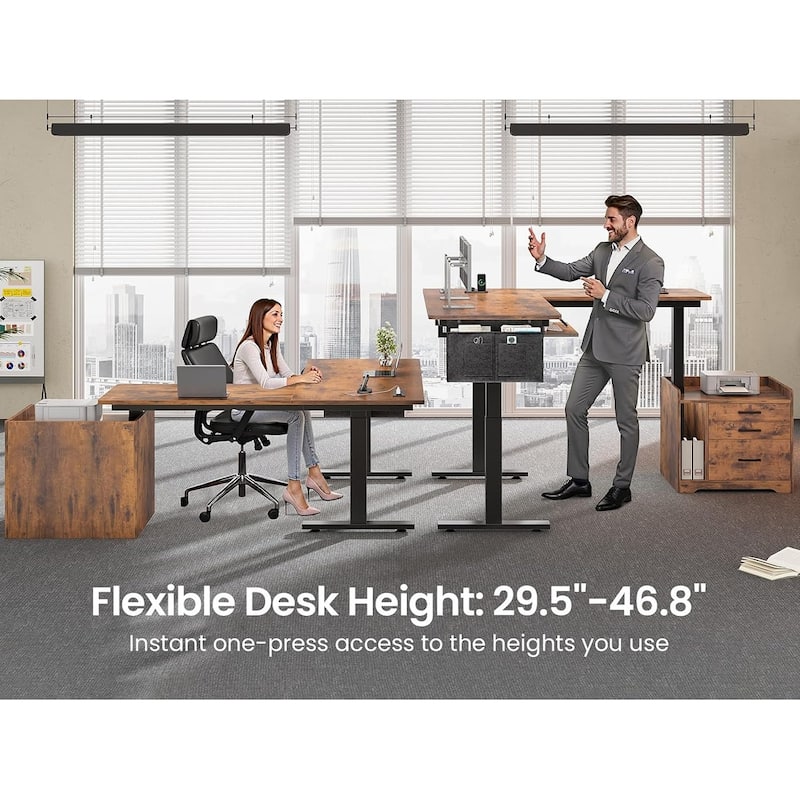 L Shaped Electric Standing Desk with File Cabinet Height Adjustable 63 x 53''