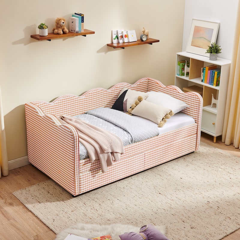 Twin Size Gingham Linen Upholstered Daybed with 2 Storage Drawers, USB Charging Station & Waved Arms