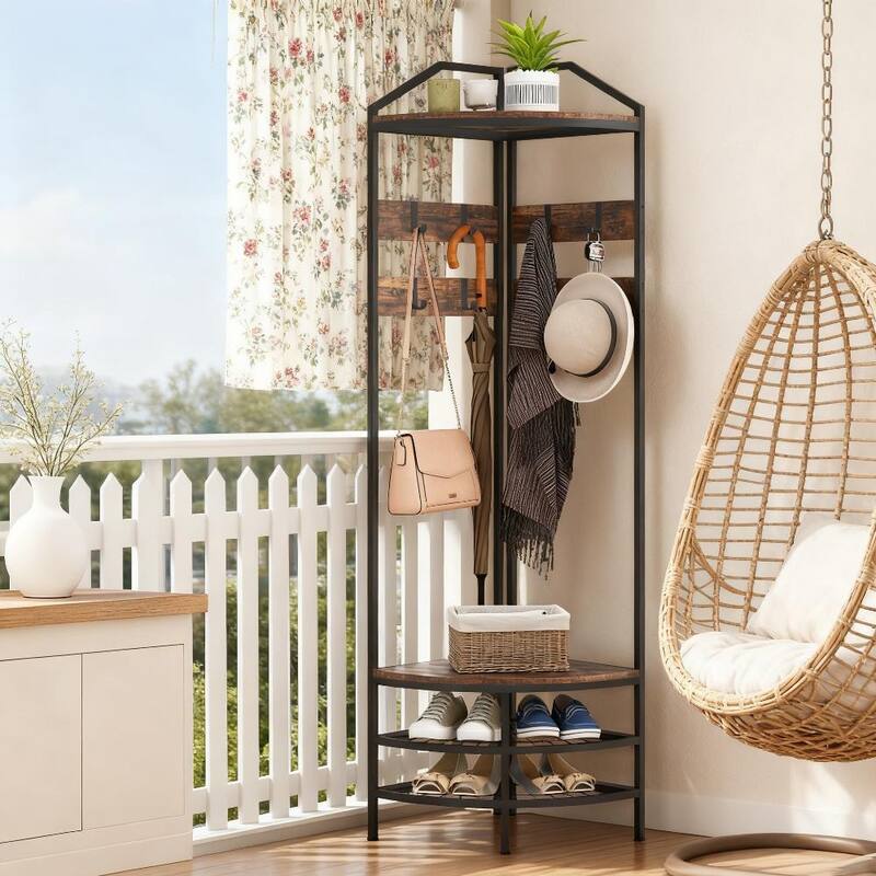 Industrial-Style Corner Coat Rack with Shoe Rack, 8 Movable Hooks and 2 Shelves, for Bedroom Living Room - Black