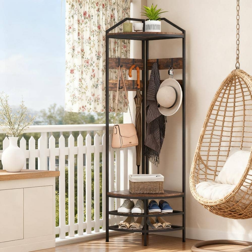 Industrial-Style Corner Coat Rack with Shoe Rack, 8 Movable Hooks and 2 Shelves, for Bedroom Living Room
