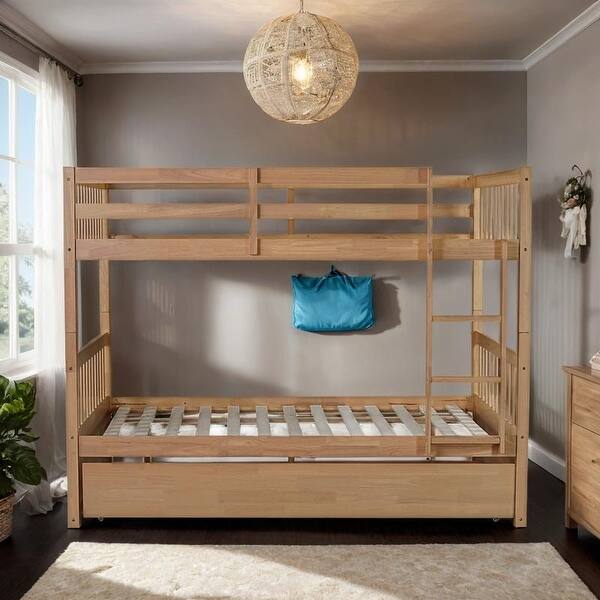 slide 2 of 30, Full Over Full Rubber Wood Bunk Bed with Twin Size Trundle White Oak