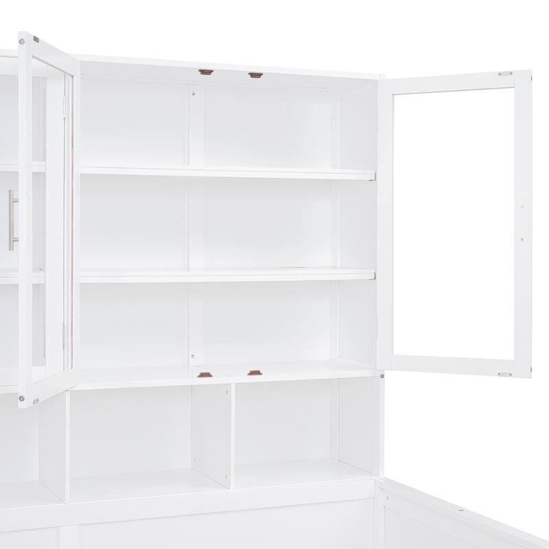 Twin/Full Size LED Daybed with Glass Doors and Integrated Storage Cabinet, Wooden Sofa Bed Frame with 2 Drawers and LED Lights