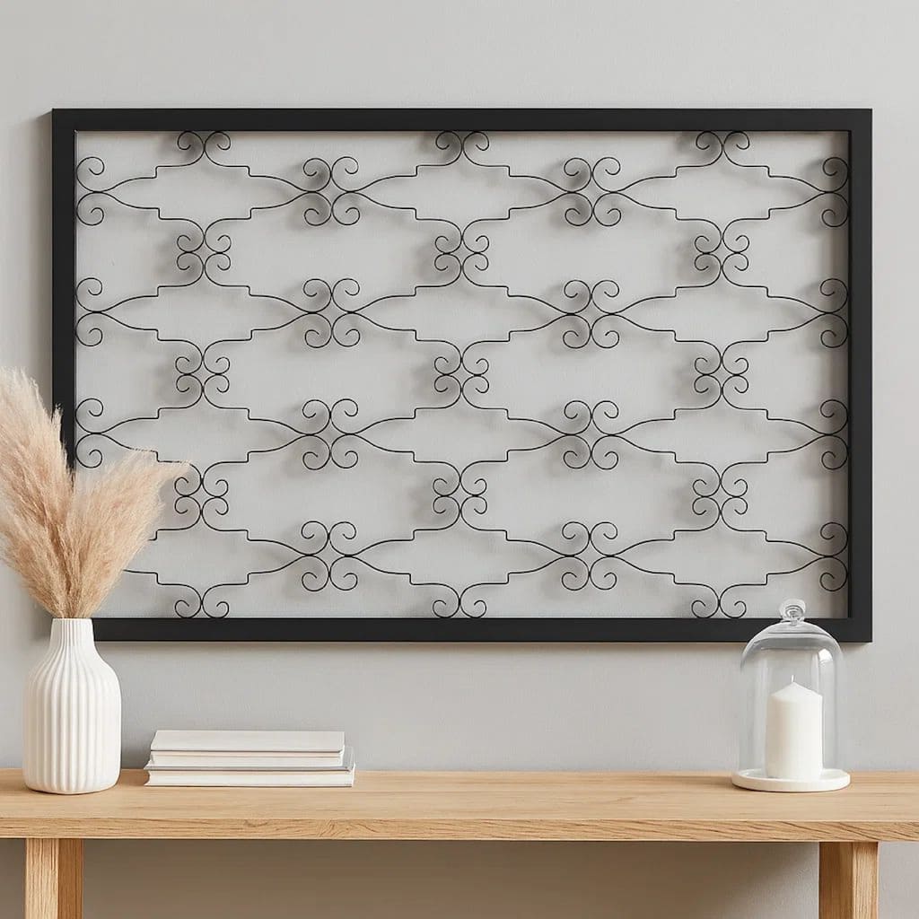 Rectangular Metal Frame Wall Decor with Curved Design Accents, Black