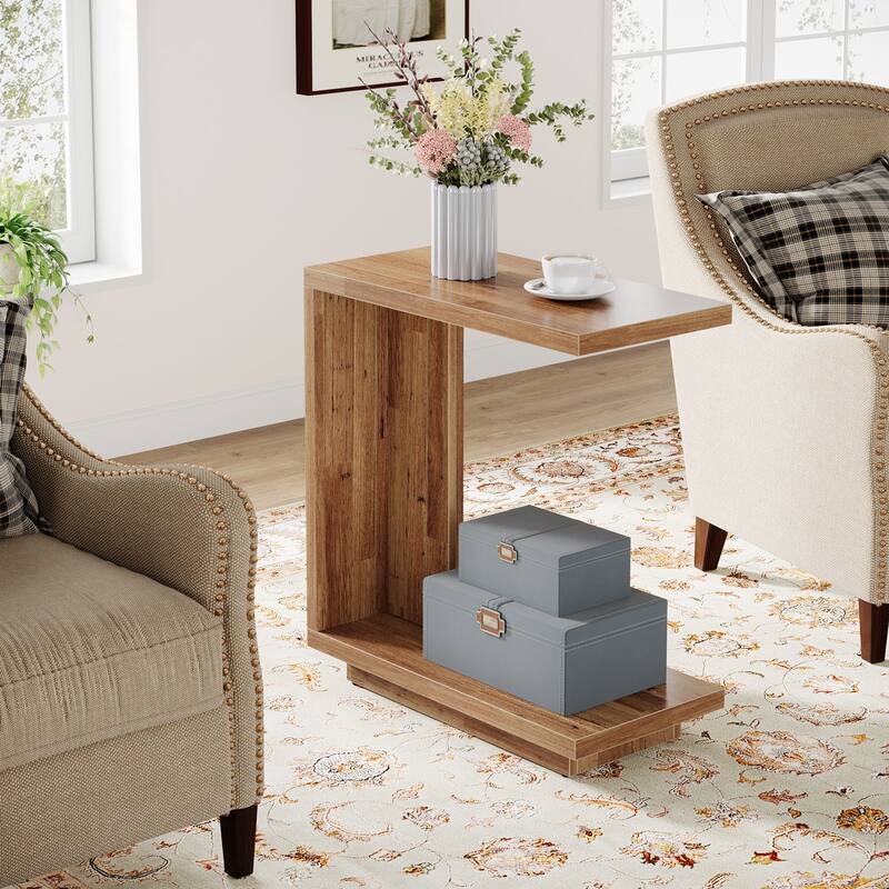 C-Shaped Side Table, 2-Tier Narrow End Table Wood Bedside Table