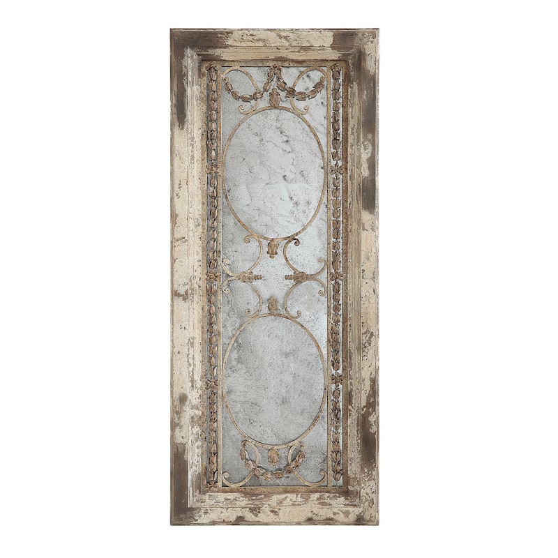 Wood Framed Wall Mirror with Metal Accents and Heavily Distressed Finish, Silver - White