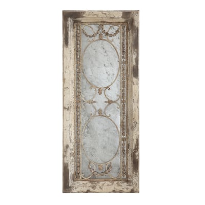 Wood Framed Wall Mirror with Metal Accents and Heavily Distressed Finish, Silver