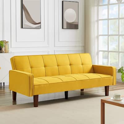 Linen Futon Sofa Bed with Square Arm and Solid Wood Legs for Small Spaces