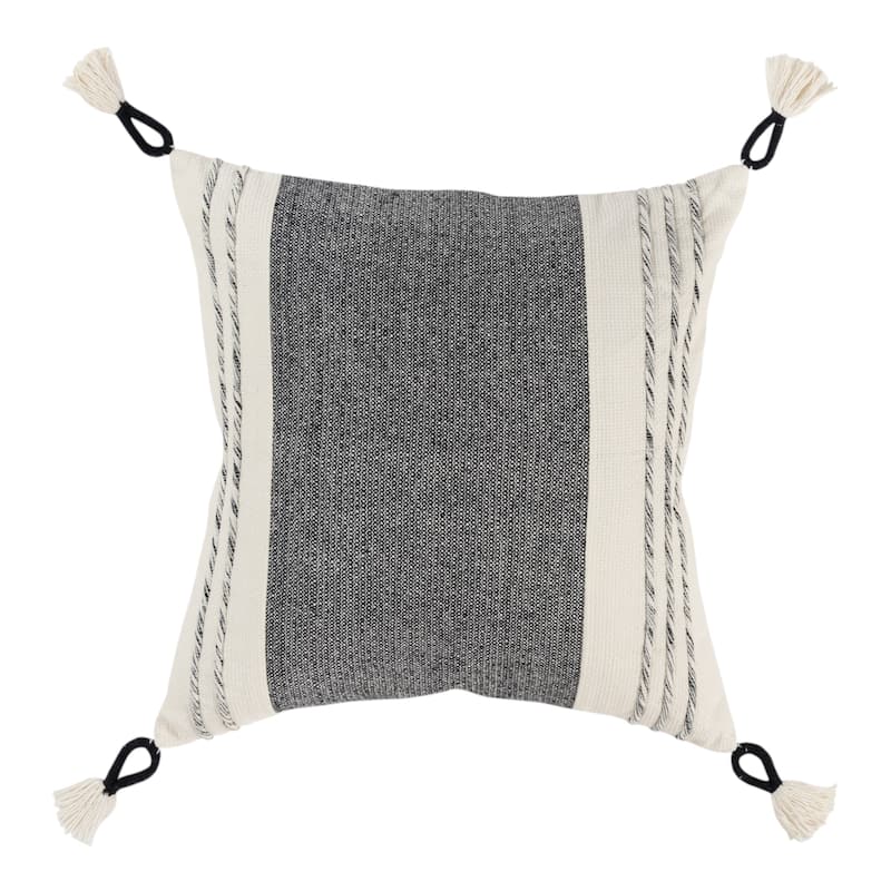 HomeRoots 20" White and Black Striped Cotton Throw Pillow with Tassels and Texture