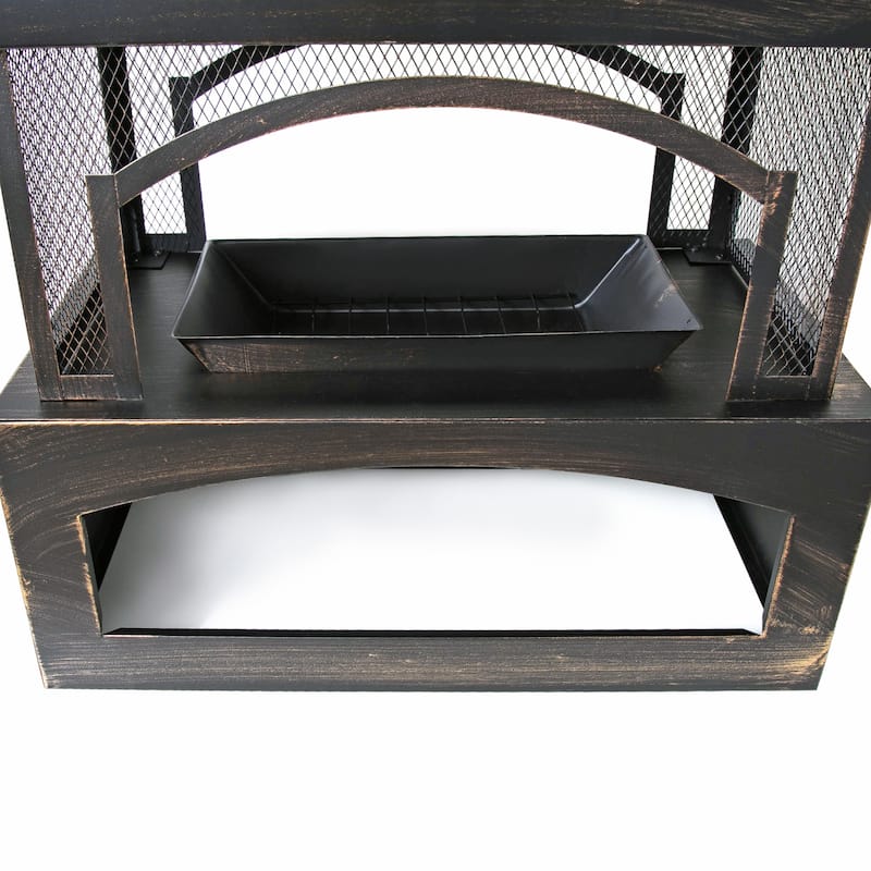 37-Inch Rectangular Metal Outdoor Wood Burning Fireplace - Outdoor Fireplace with Built-in Log Storage and Poker-Brushed Bronze