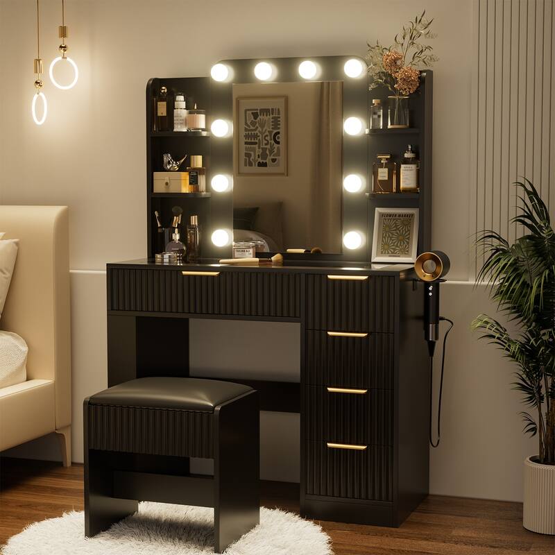 Transparent Tabletop Makeup Vanity Table / 2-Piece Vanity Desk and Stool Set with Charging Station