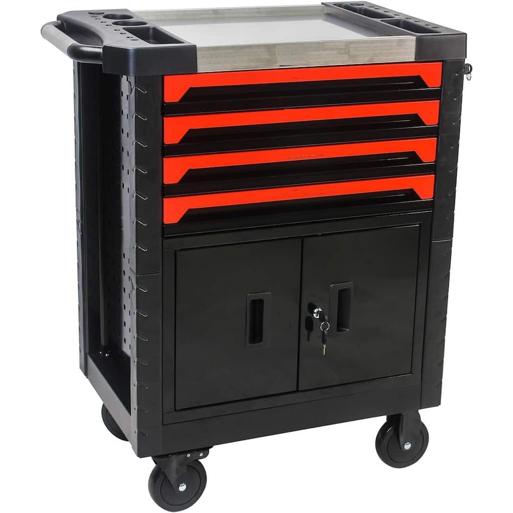 4-Drawer Tool Box with Wheels, Rolling Toolbox Tool Cart on Wheels Rolling Tool Chest with Lockable Drawer and Door