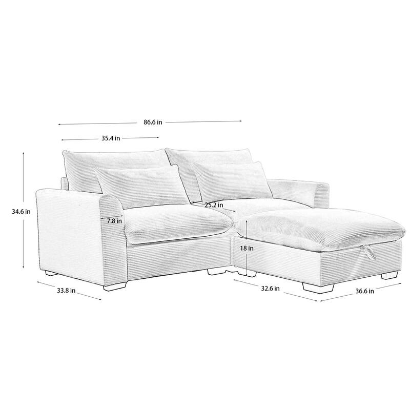 Modern L Shaped Modular Corduroy Sofa with Storage Ottoman and Plush Cushions for Living Room or Guest Room