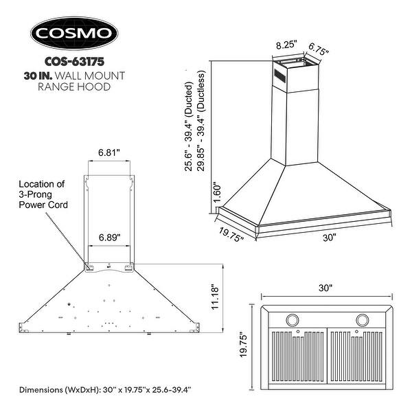 Cosmo 30 in. Ducted Wall Mount Range Hood with 380 CFM, 3 Fan Speeds