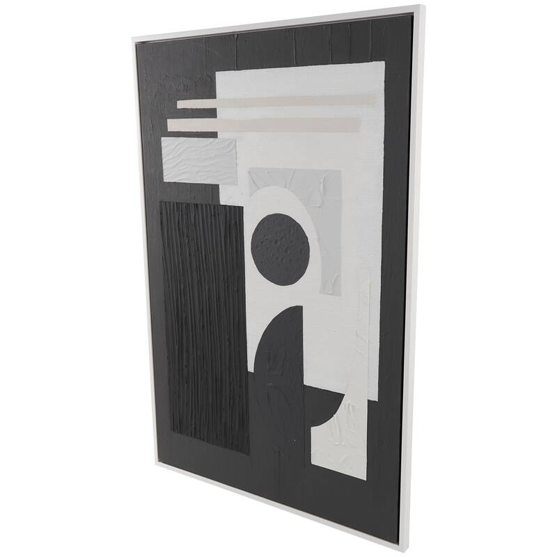 Black or White Canvas Textured Abstract Framed Wall Art with Various Geometric Shapes and White Accents